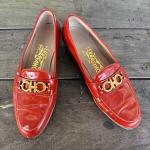Salvatore Ferragamo Red Patent Leather Loafers with Gold Hardware